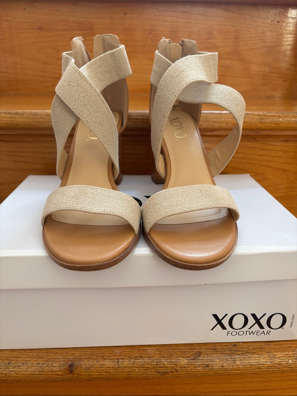 XOXO Neutral Crisscross Block Heel Sandals
